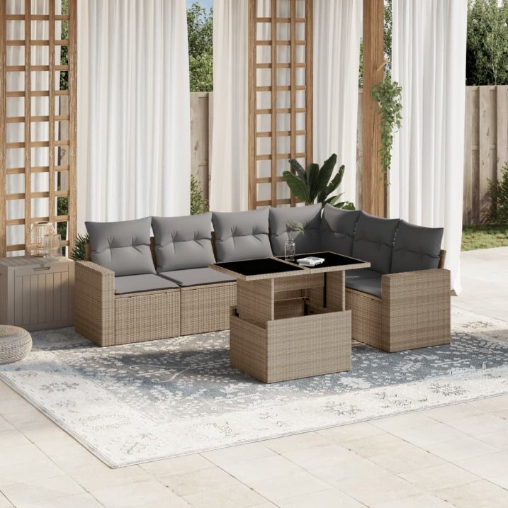 7-tlg. Garten-Sofagarnitur mit Kissen Schwarz Poly Rattan