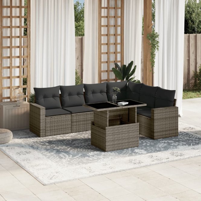 7-tlg. Garten-Sofagarnitur mit Kissen Schwarz Poly Rattan