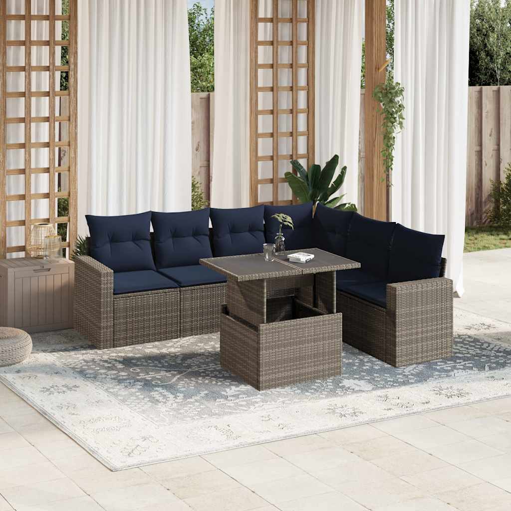 7-teiliges Gartensofa-Set mit Kissen, schwarzes Polyrattan