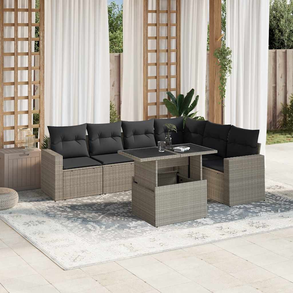7-tlg. Garten-Sofagarnitur mit Kissen Schwarz Poly Rattan