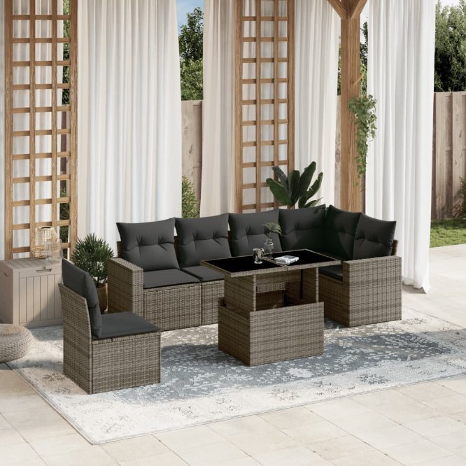 7-tlg. Garten-Sofagarnitur mit Kissen Schwarz Poly Rattan