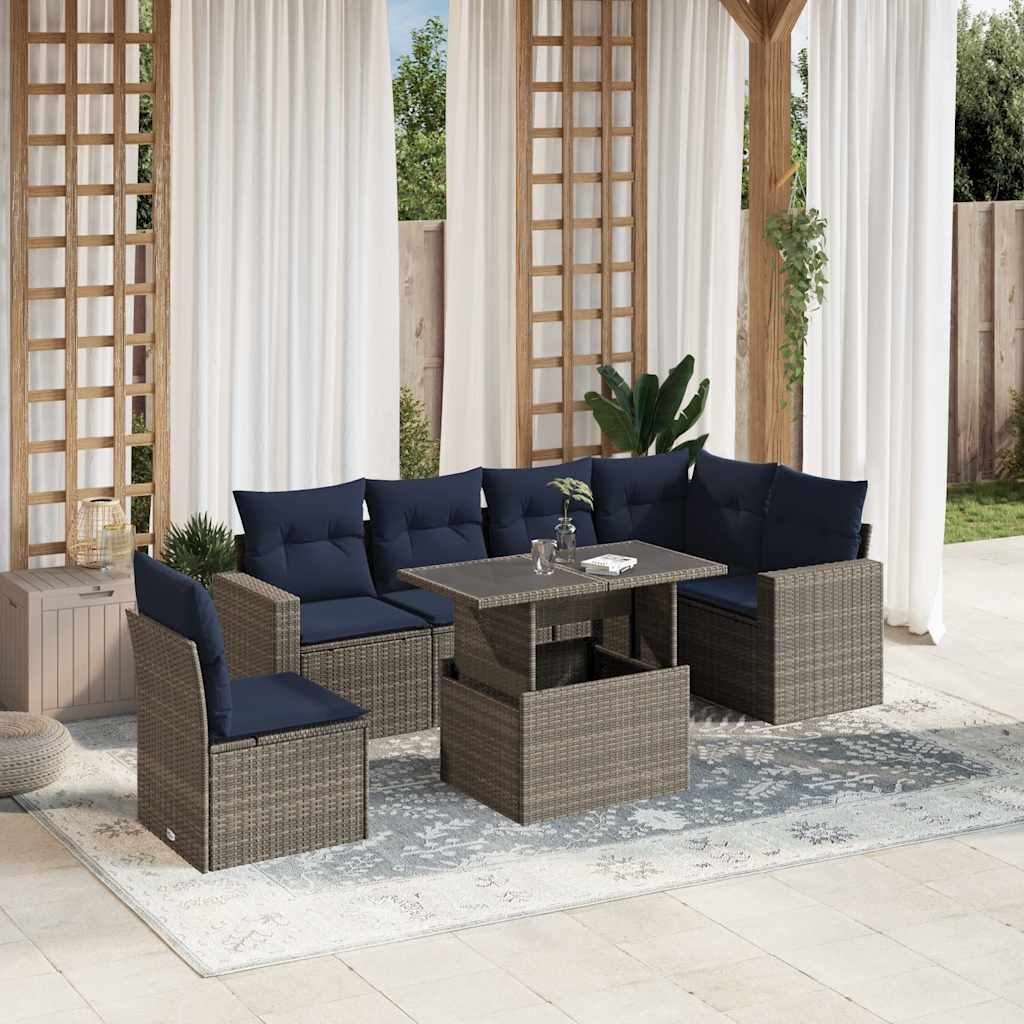 7-teiliges Gartensofa-Set mit Kissen, schwarzes Polyrattan