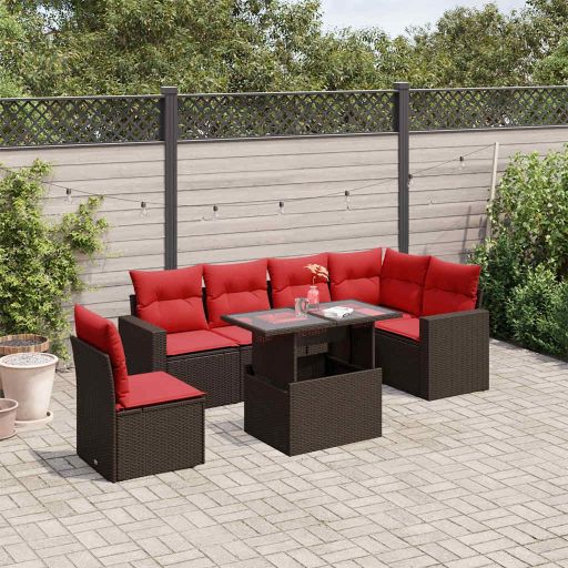 7-teiliges Gartensofa-Set mit Kissen, schwarzes Polyrattan