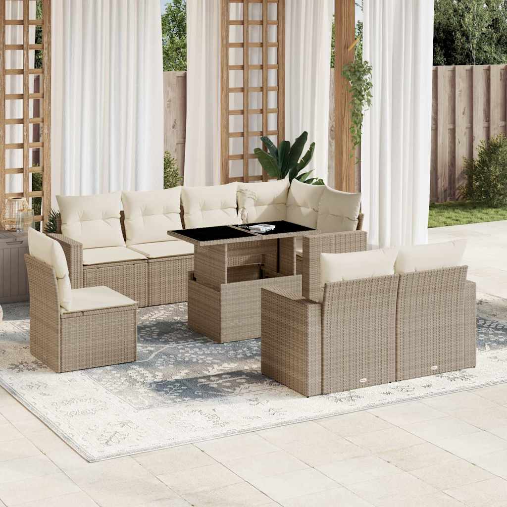9-tlg. Garten-Sofagarnitur mit Kissen Schwarz Poly Rattan
