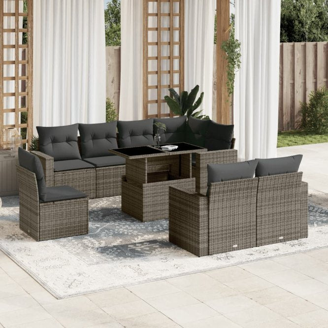 9-tlg. Garten-Sofagarnitur mit Kissen Schwarz Poly Rattan