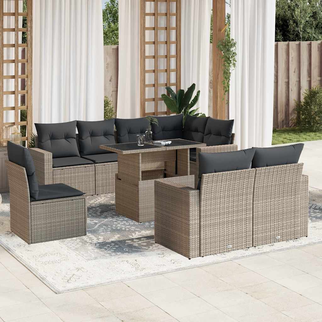 9-tlg. Garten-Sofagarnitur mit Kissen Schwarz Poly Rattan