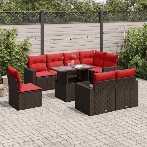9-teiliges Gartensofa-Set mit Kissen, schwarzes Polyrattan