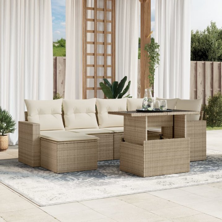 7-tlg. Garten-Sofagarnitur mit Kissen Schwarz Poly Rattan