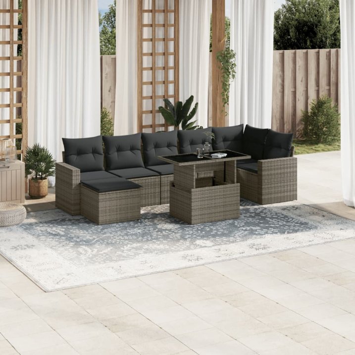 8-tlg. Garten-Sofagarnitur mit Kissen Schwarz Poly Rattan