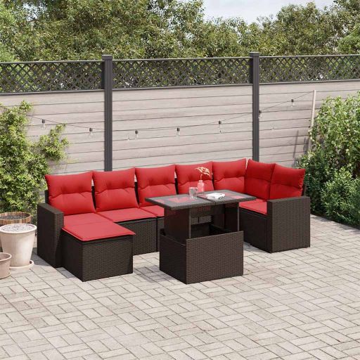 8-teiliges Gartensofa-Set mit Kissen, schwarzes Polyrattan
