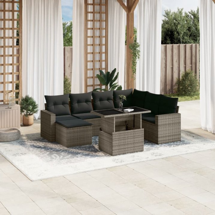 8-tlg. Garten-Sofagarnitur mit Kissen Schwarz Poly Rattan