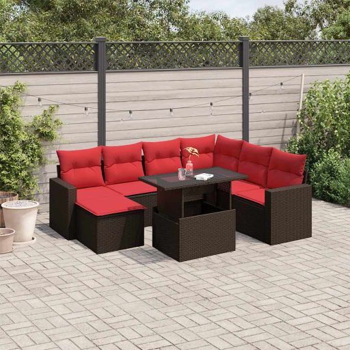 8-teiliges Gartensofa-Set mit Kissen, schwarzes Polyrattan