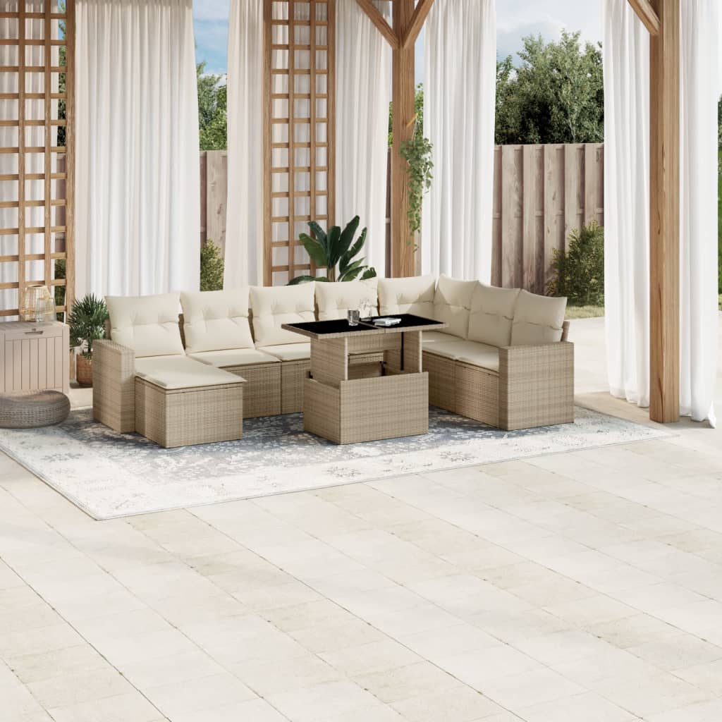 9-tlg. Garten-Sofagarnitur mit Kissen Schwarz Poly Rattan