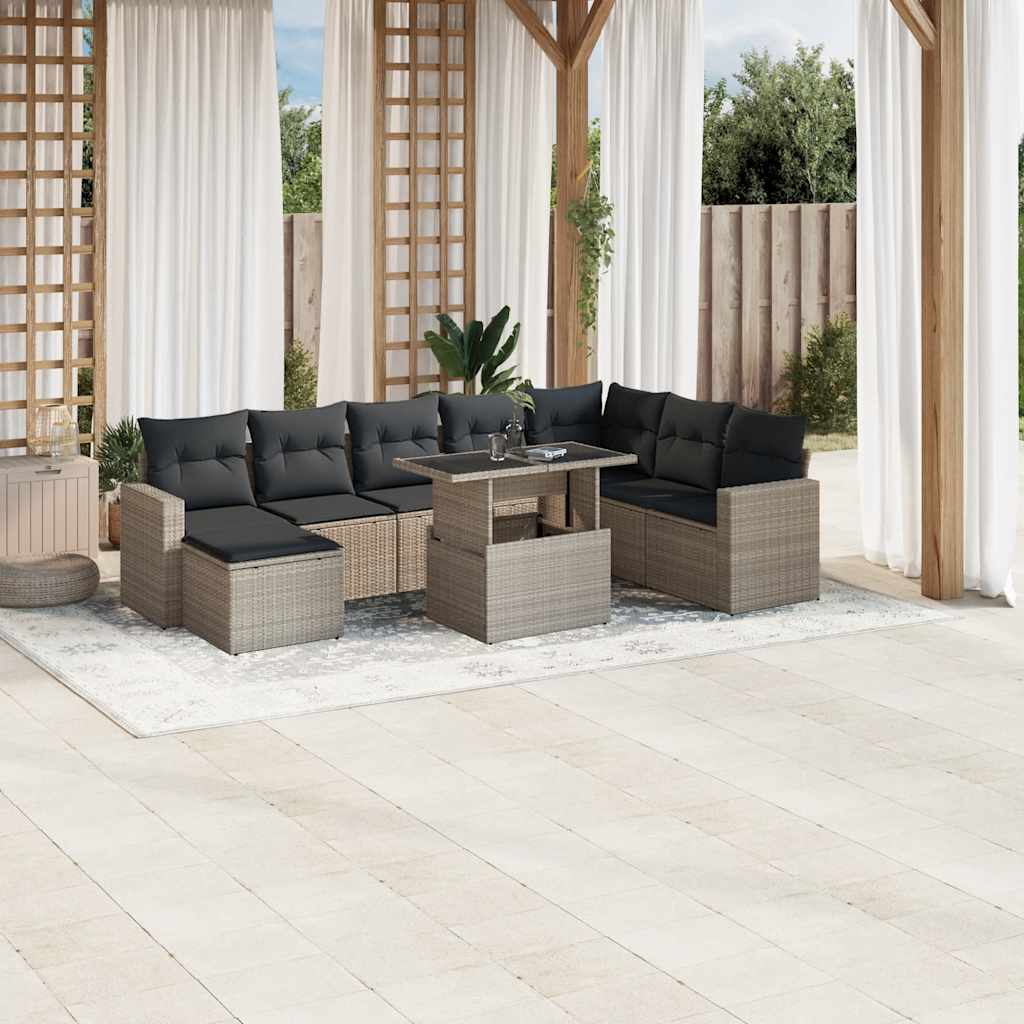 9-tlg. Garten-Sofagarnitur mit Kissen Schwarz Poly Rattan