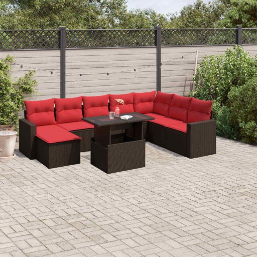 9-teiliges Gartensofa-Set mit Kissen, schwarzes Polyrattan