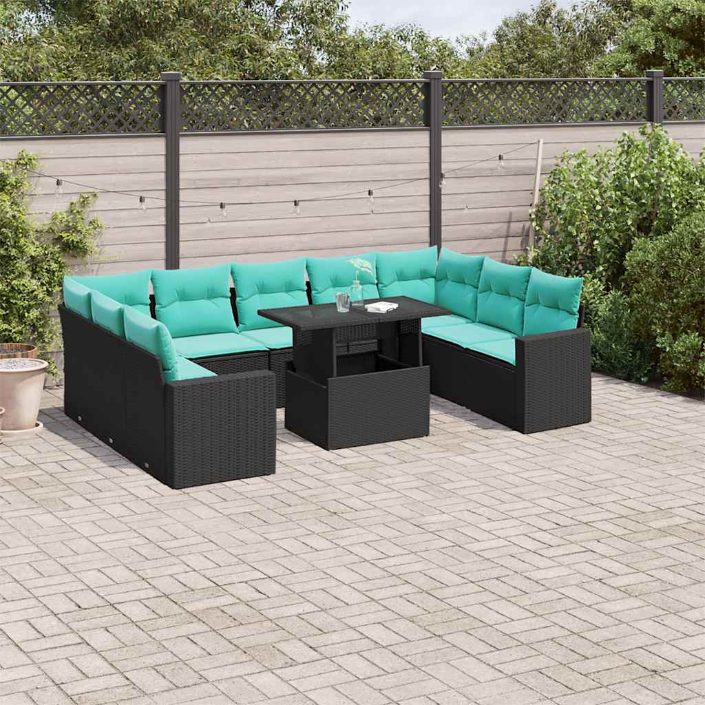 vidaXL 10-teiliges Gartensofa-Set mit Kissen, schwarzes Polyrattan