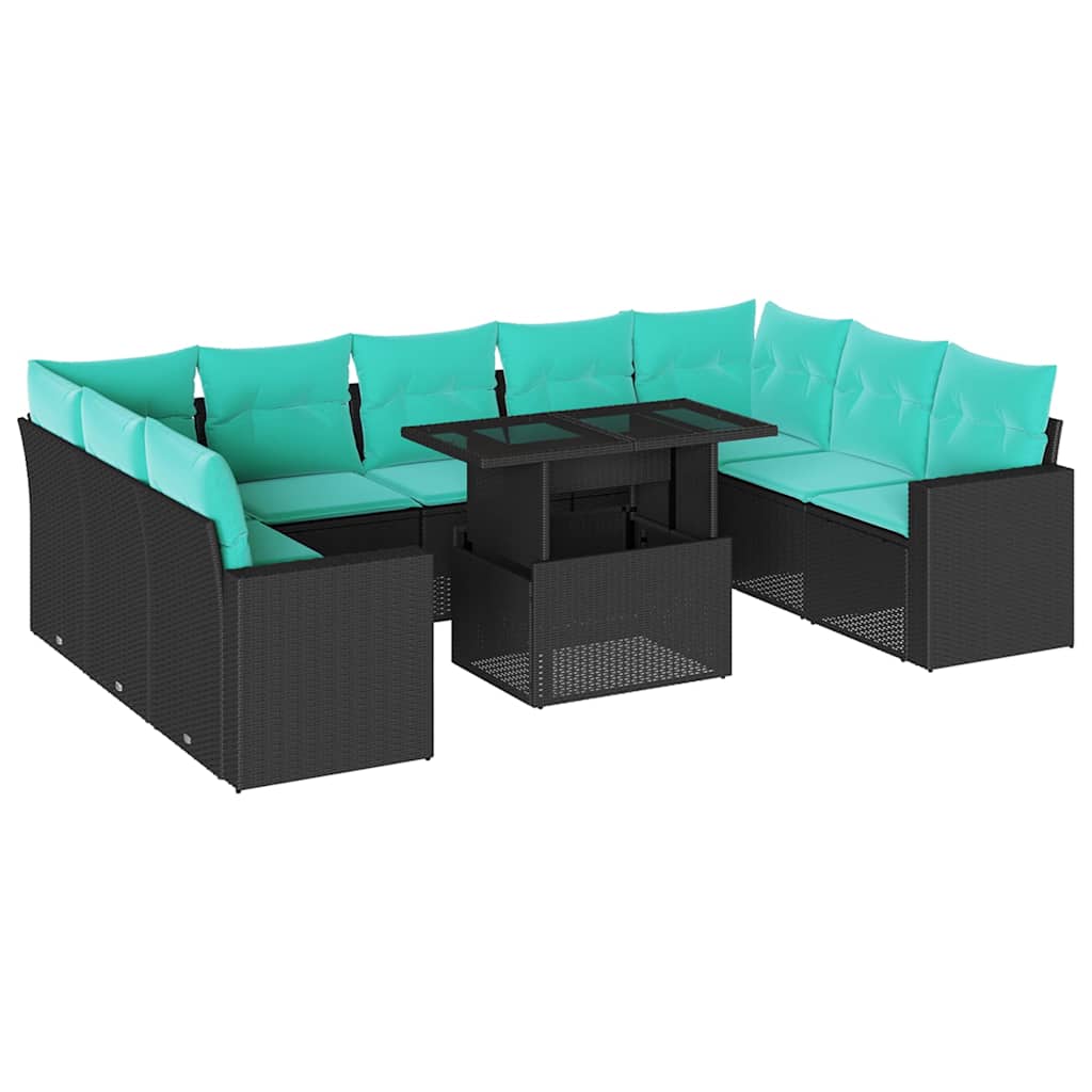 vidaXL 10-teiliges Gartensofa-Set mit Kissen, schwarzes Polyrattan