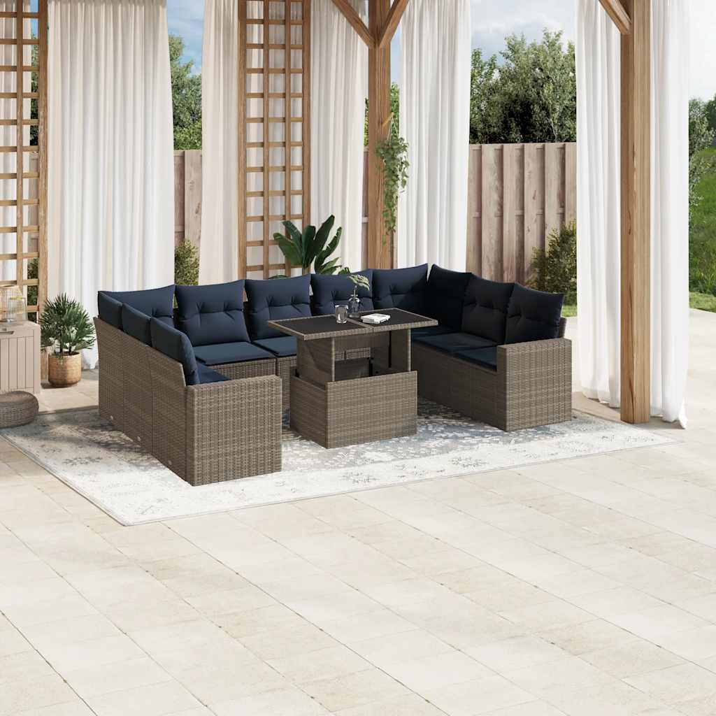 vidaXL 10-teiliges Gartensofa-Set mit Kissen, schwarzes Polyrattan