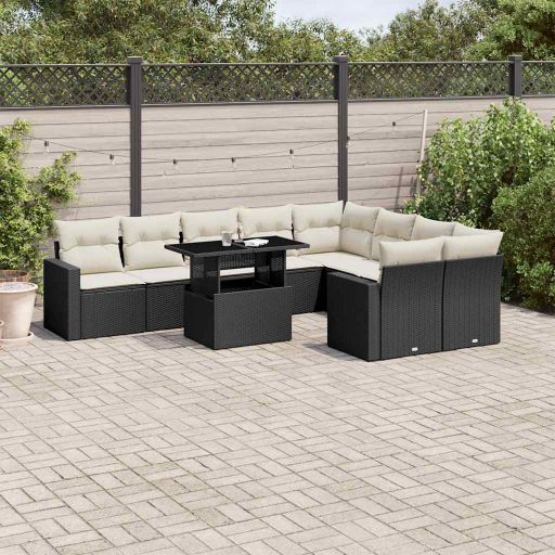 vidaXL 10-tlg. Garten-Sofagarnitur mit Kissen Schwarz Poly Rattan