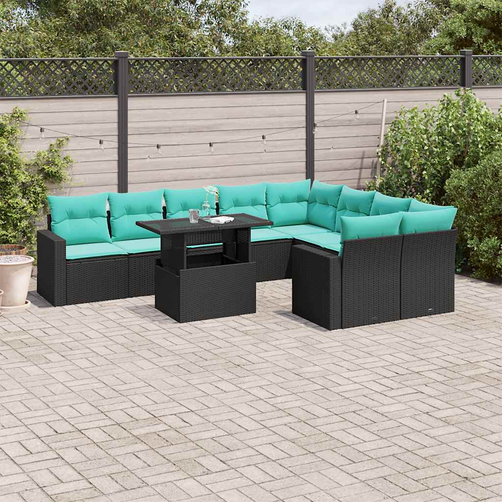 vidaXL 10-teiliges Gartensofa-Set mit Kissen, schwarzes Polyrattan