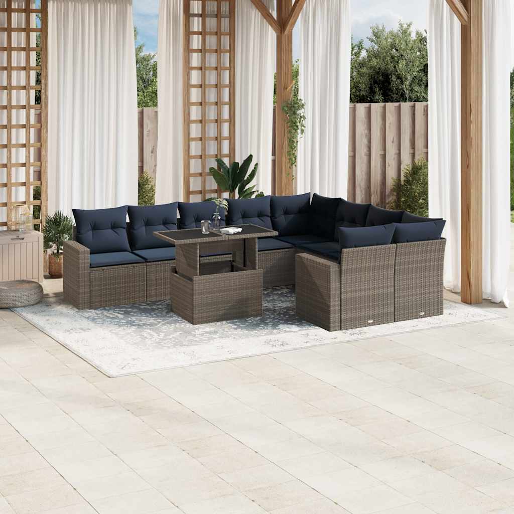 vidaXL 10-teiliges Gartensofa-Set mit Kissen, schwarzes Polyrattan