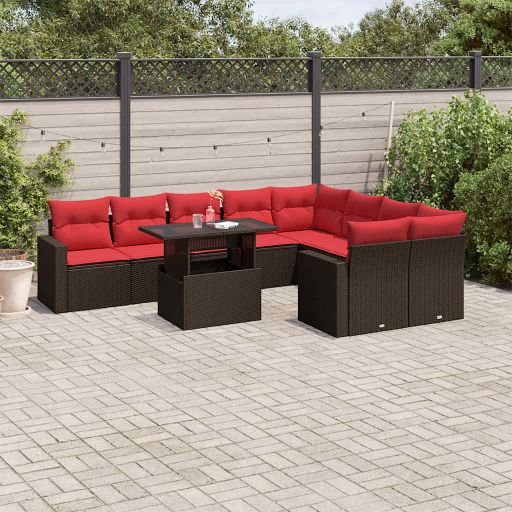 vidaXL 10-teiliges Gartensofa-Set mit Kissen, schwarzes Polyrattan