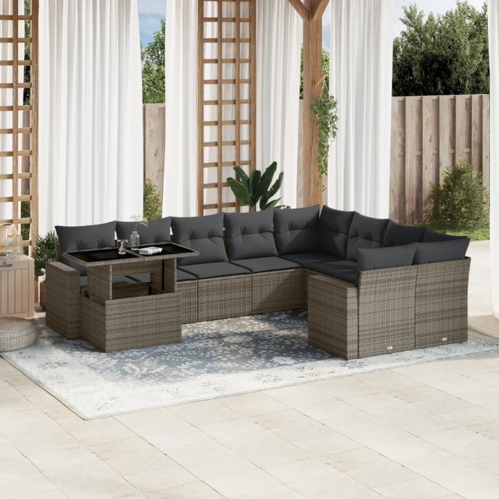 vidaXL 10-tlg. Garten-Sofagarnitur mit Kissen Schwarz Poly Rattan