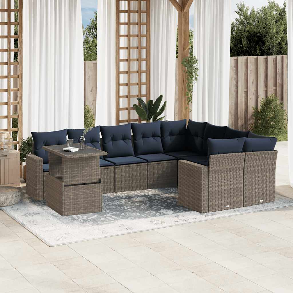 vidaXL 10-teiliges Gartensofa-Set mit Kissen, schwarzes Polyrattan