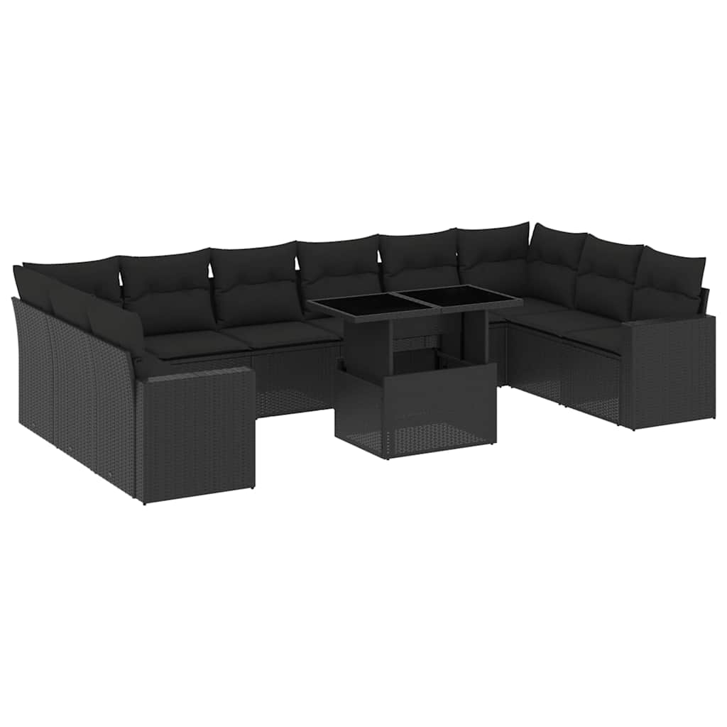vidaXL 11-tlg. Garten-Sofagarnitur mit Kissen Schwarz Poly Rattan