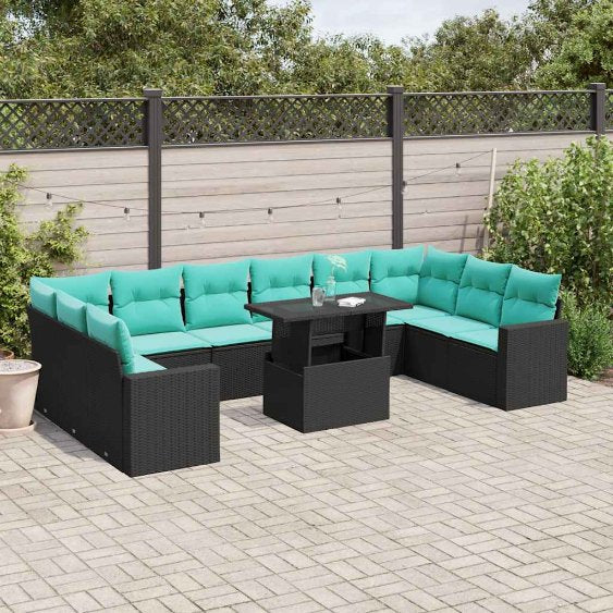 vidaXL 11-teiliges Gartensofa-Set mit Kissen, schwarzes Polyrattan