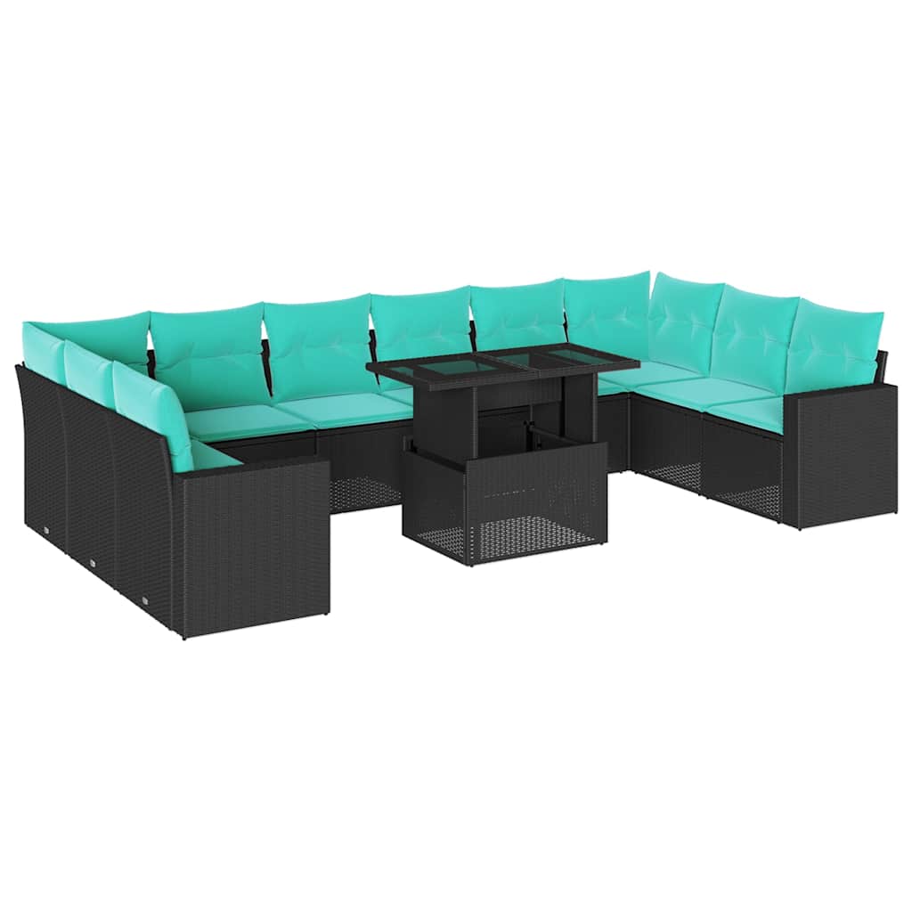 vidaXL 11-teiliges Gartensofa-Set mit Kissen, schwarzes Polyrattan