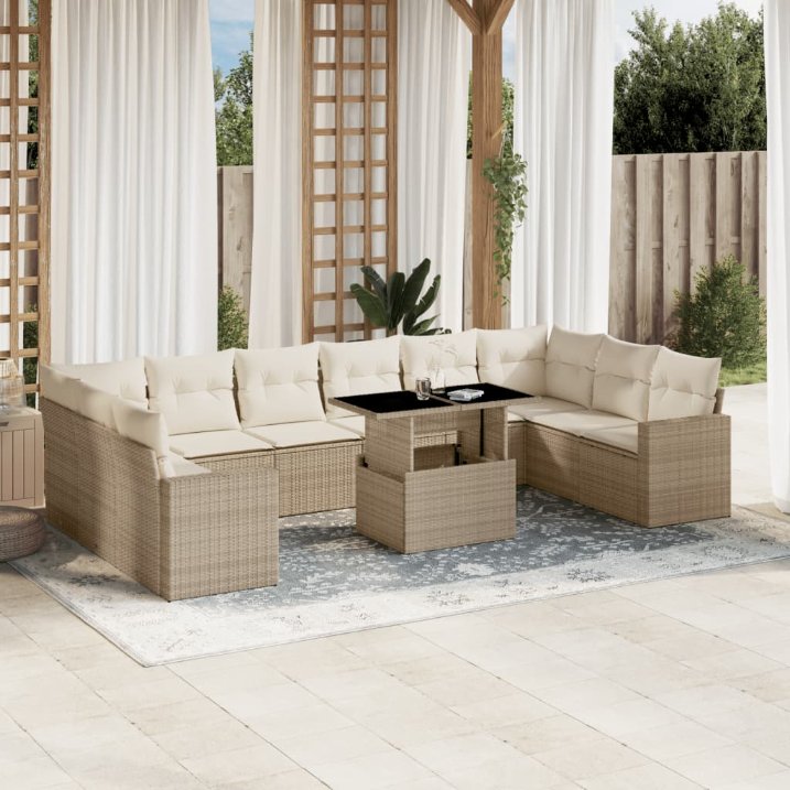 vidaXL 11-tlg. Garten-Sofagarnitur mit Kissen Schwarz Poly Rattan