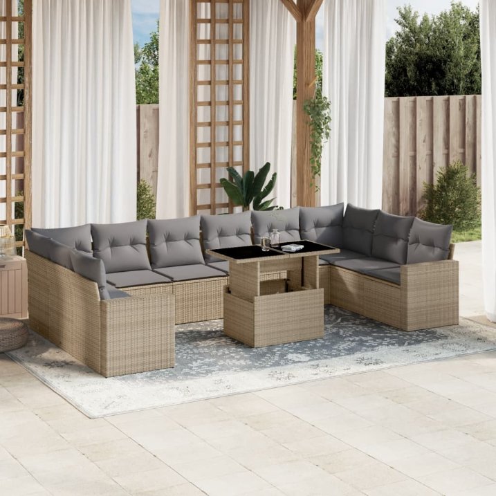 vidaXL 11-tlg. Garten-Sofagarnitur mit Kissen Schwarz Poly Rattan