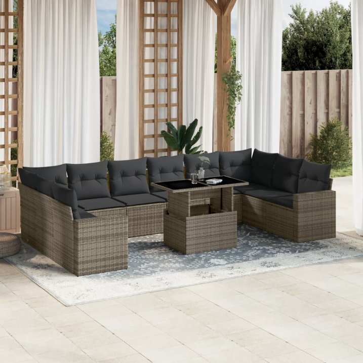 vidaXL 11-tlg. Garten-Sofagarnitur mit Kissen Schwarz Poly Rattan