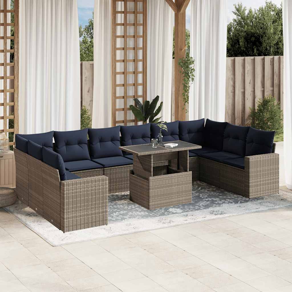 vidaXL 11-teiliges Gartensofa-Set mit Kissen, schwarzes Polyrattan