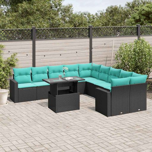 vidaXL 11-teiliges Gartensofa-Set mit Kissen, schwarzes Polyrattan