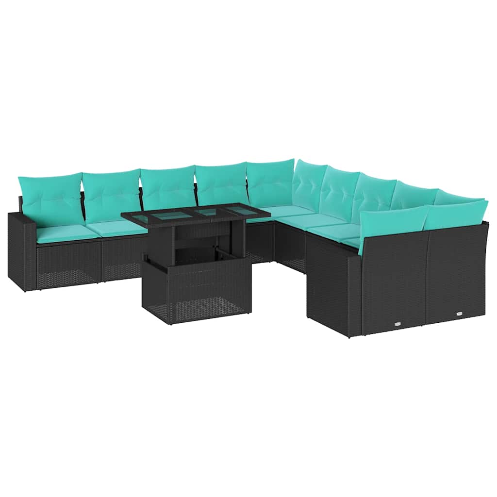 vidaXL 11-teiliges Gartensofa-Set mit Kissen, schwarzes Polyrattan