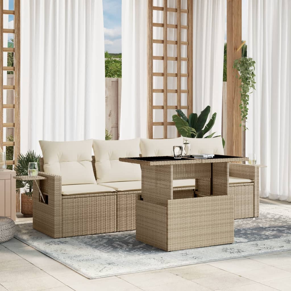5-tlg. Garten-Sofagarnitur mit Kissen Schwarz Poly Rattan