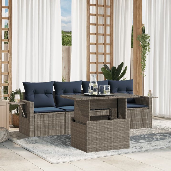 5-teiliges Gartensofa-Set mit Kissen, schwarzes Polyrattan