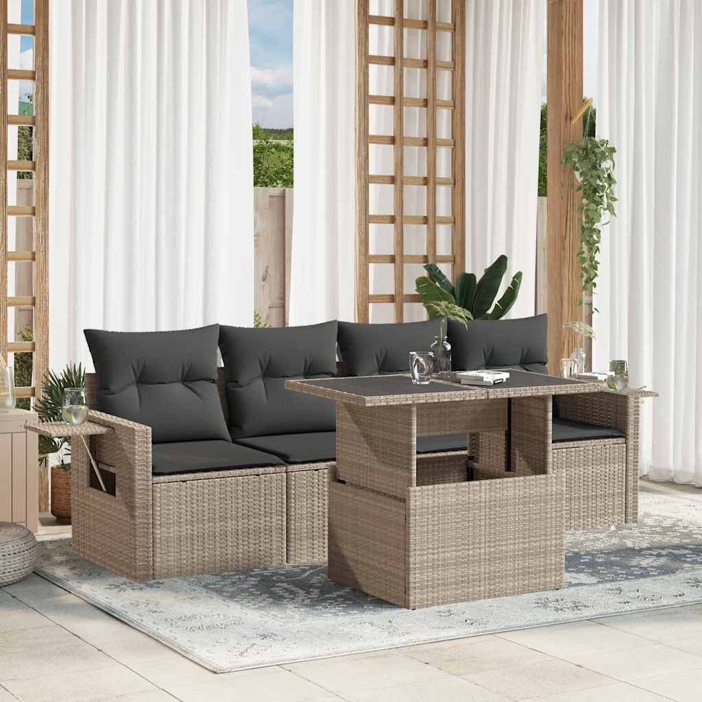5-tlg. Garten-Sofagarnitur mit Kissen Schwarz Poly Rattan