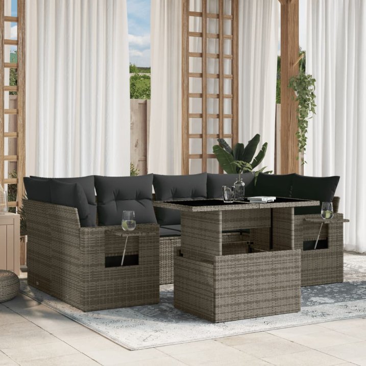 7-tlg. Garten-Sofagarnitur mit Kissen Schwarz Poly Rattan