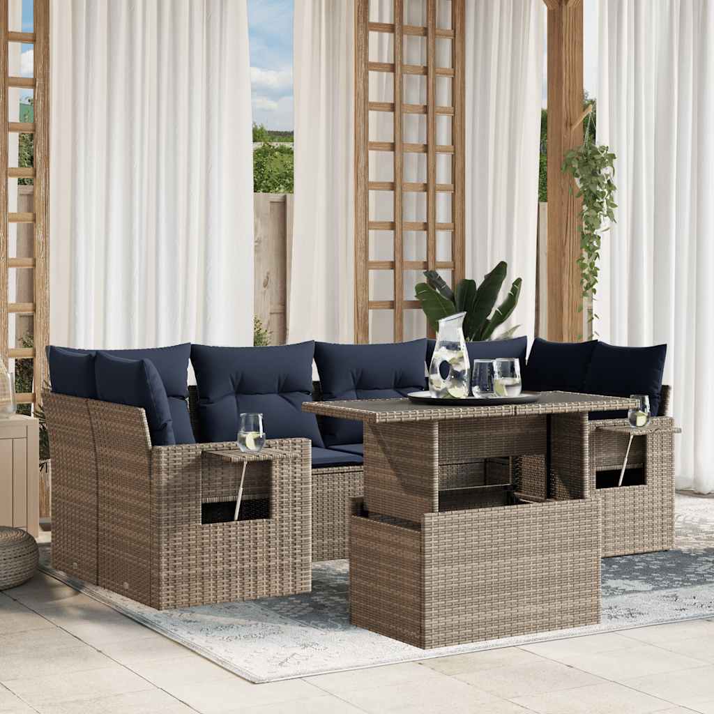 7-teiliges Gartensofa-Set mit Kissen, schwarzes Polyrattan