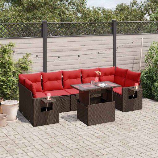 8-teiliges Gartensofa-Set mit Kissen, schwarzes Polyrattan