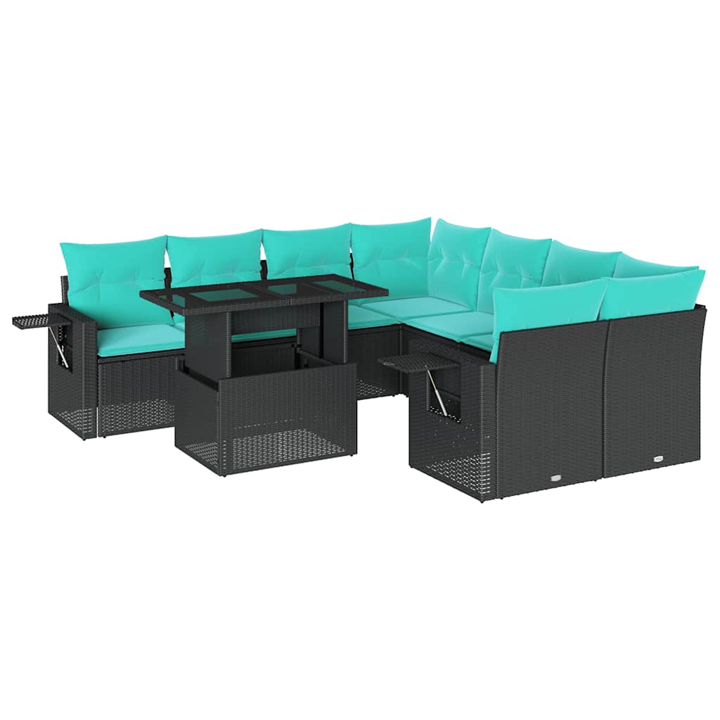 9-teiliges Gartensofa-Set mit Kissen, schwarzes Polyrattan