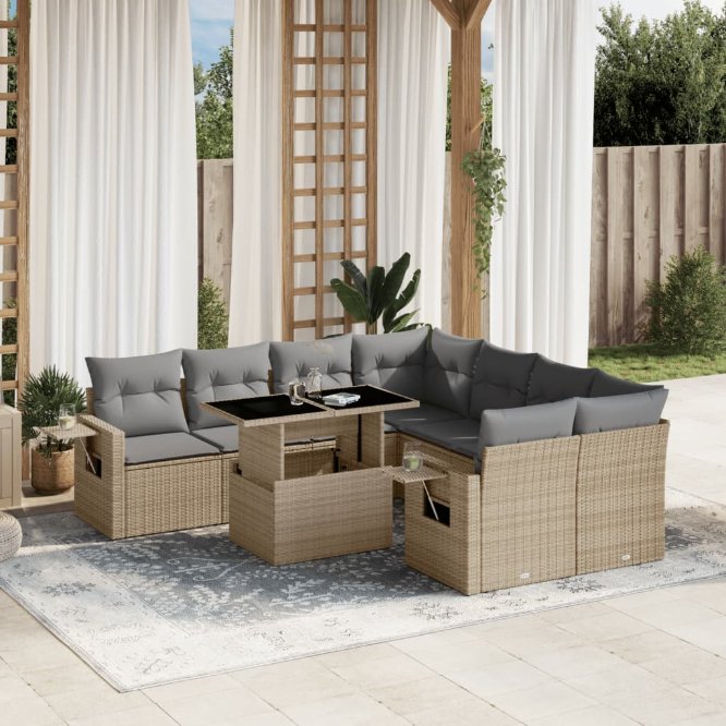 9-tlg. Garten-Sofagarnitur mit Kissen Schwarz Poly Rattan