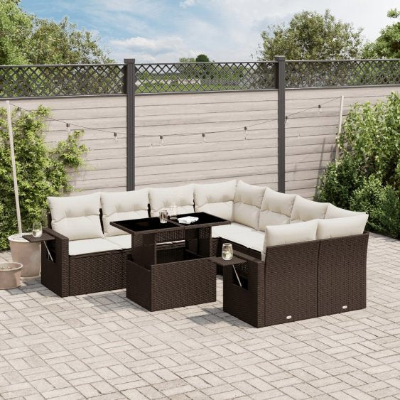 9-tlg. Garten-Sofagarnitur mit Kissen Schwarz Poly Rattan