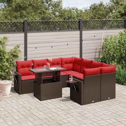 9-teiliges Gartensofa-Set mit Kissen, schwarzes Polyrattan