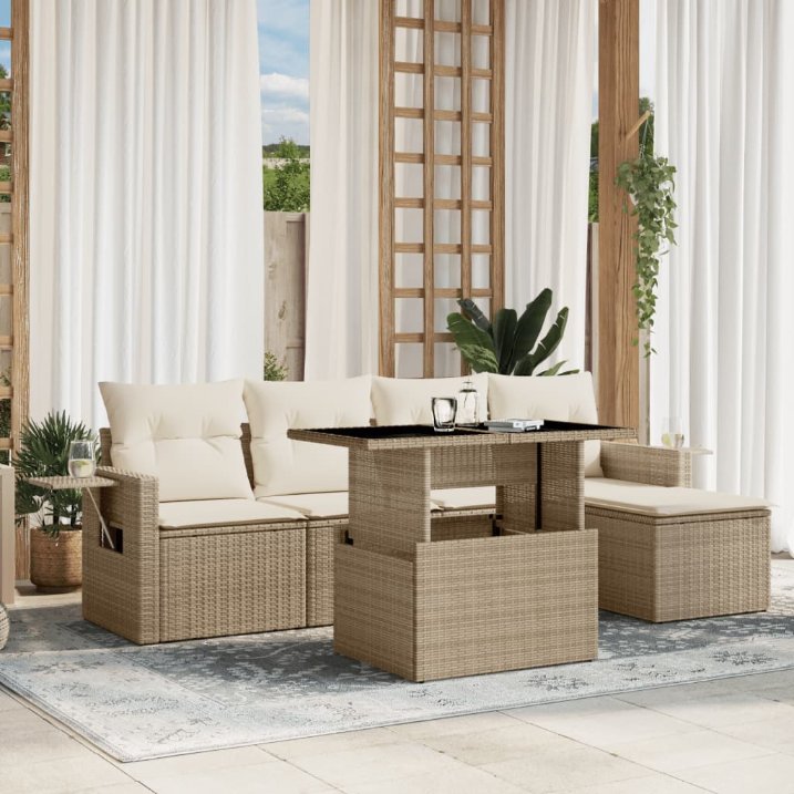 6-tlg. Garten-Sofagarnitur mit Kissen Schwarz Poly Rattan