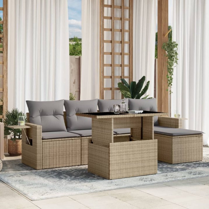 6-tlg. Garten-Sofagarnitur mit Kissen Schwarz Poly Rattan
