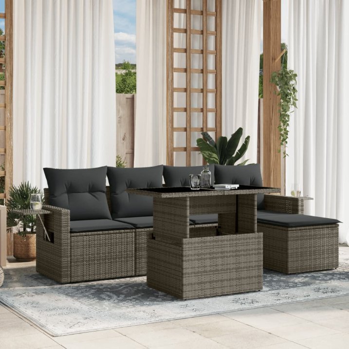 6-tlg. Garten-Sofagarnitur mit Kissen Schwarz Poly Rattan